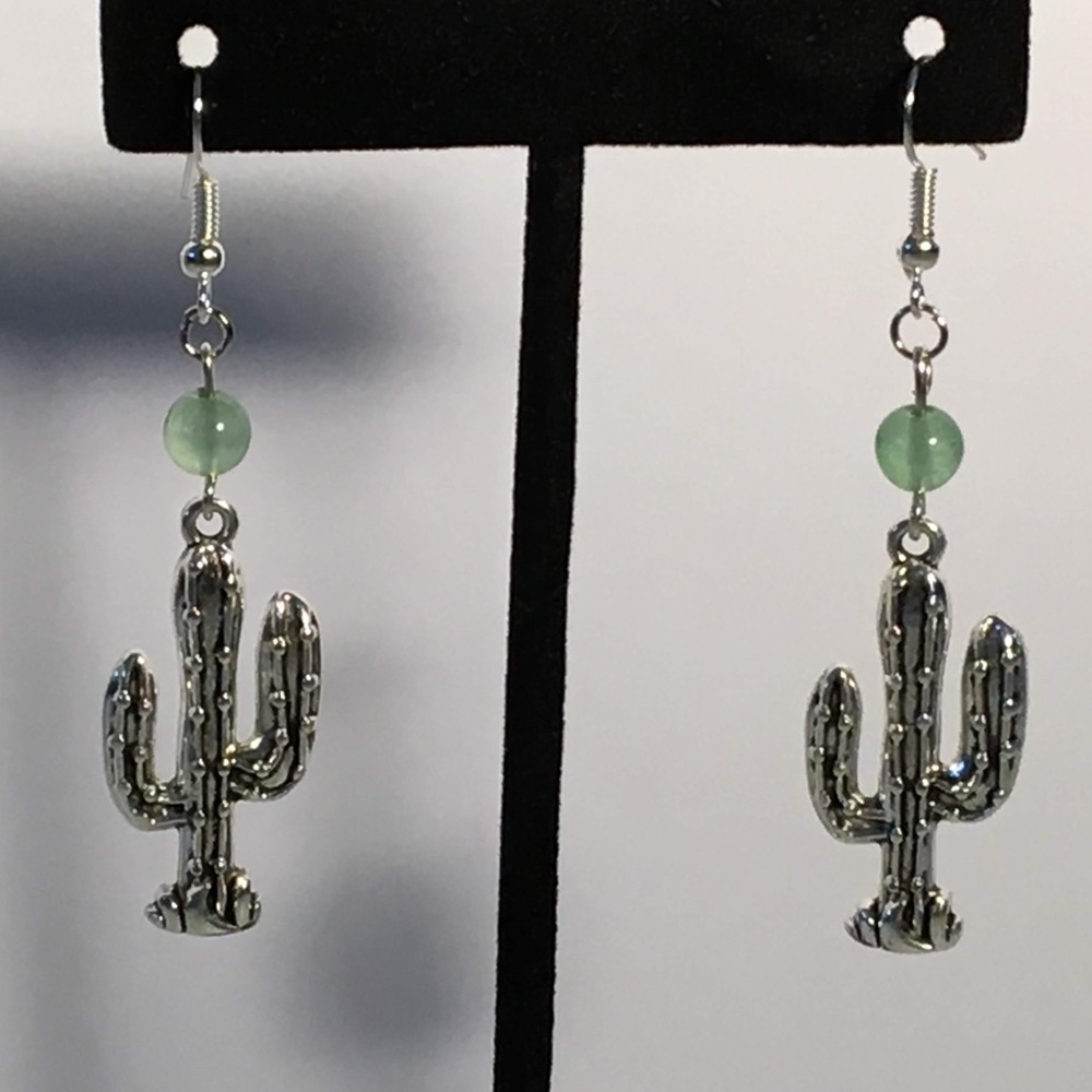 Green Aventurine Silver Cactus Earrings
